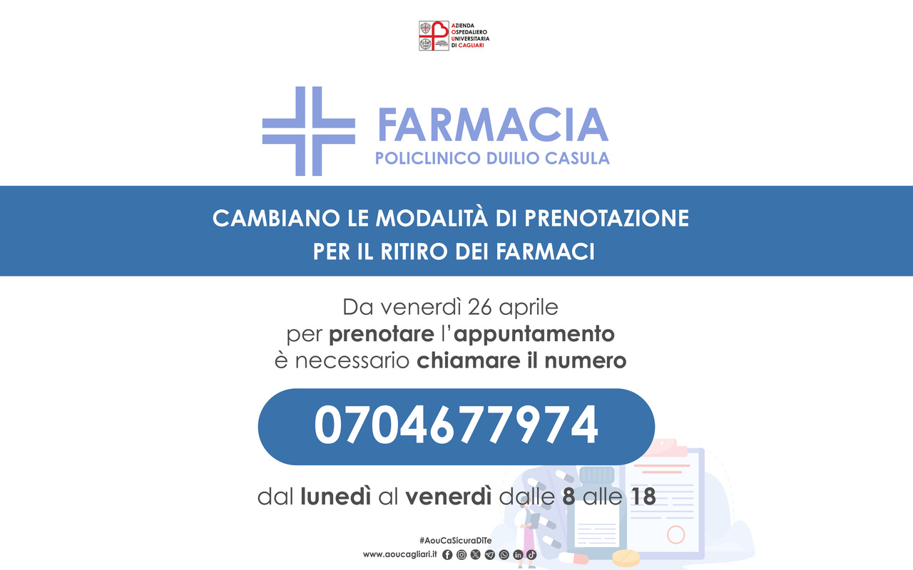 Ritiro farmaci al Policlinico Duilio Casula, nuova modalità di prenotazione telefonica e nuovi orari per gli appuntamenti